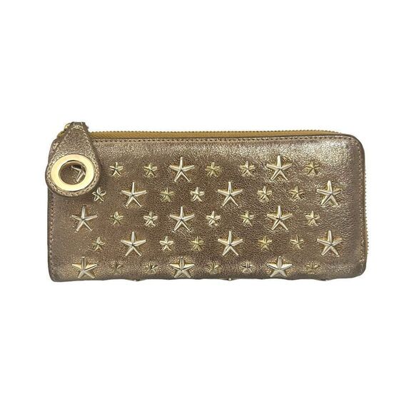 Jimmy Choo Iconic Gold Metallic Leather Star Studs Long Wallet - Picture 2 of 10
